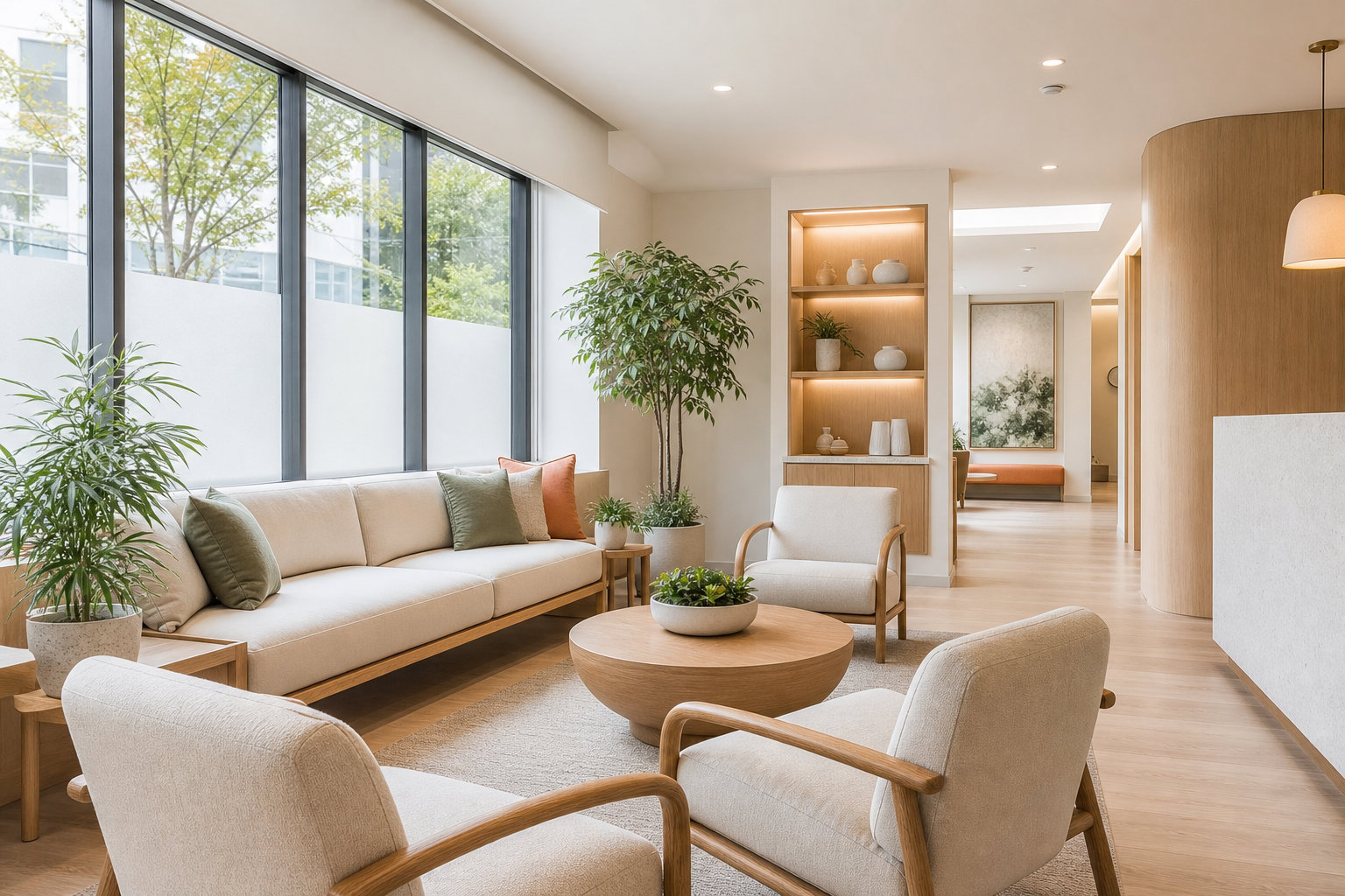 Bright, welcoming dental waiting lounge