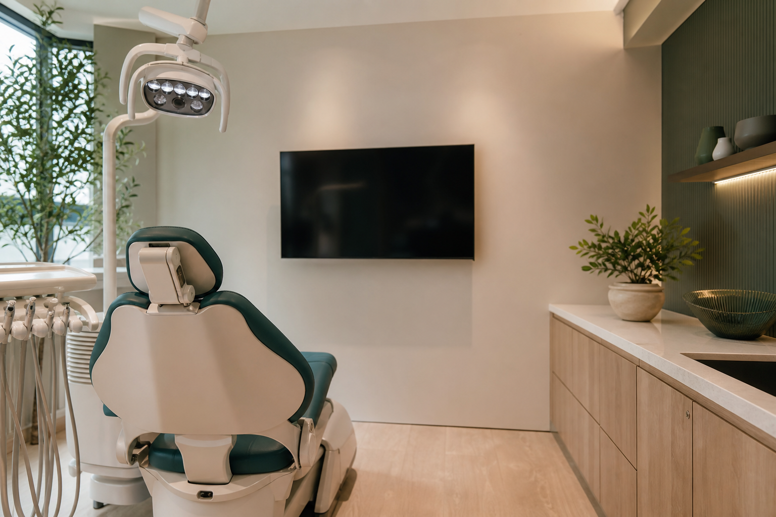 Modern dental treatment room with wall-mounted TV and massage chair